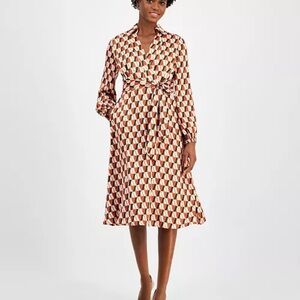 Tahari ASL Long Sleeve Dress in Orange and White